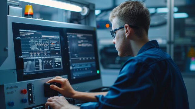 Machinist Programming CNC Machine with Digital Interface and G-Code Display - Industrial Technology