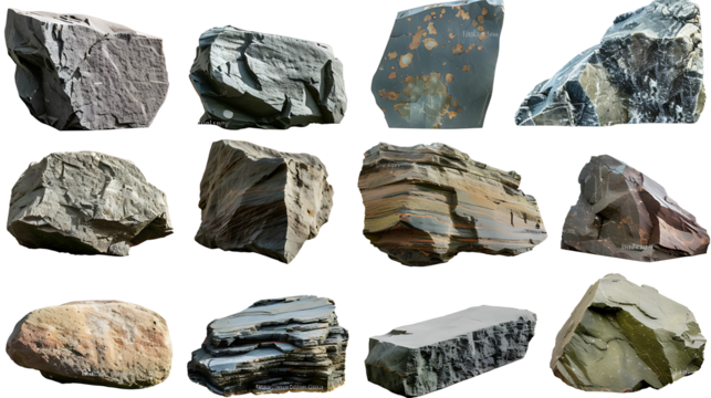 Collection set of long flat big hard rock boulder stone podium stage display on withe background cutout, PNG file