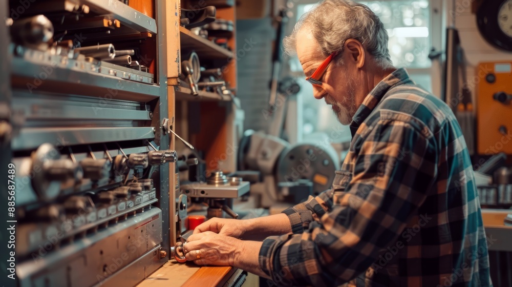 Poster machinist selecting carbide insert from tool cabinet in a brightly lit workshop