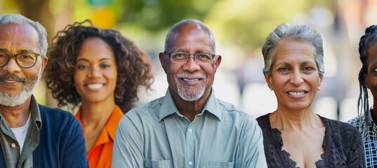 Diverse Group of Smiling Seniors in Outdoor Setting, Ideal for Ageless Living Promotions and Healthcare