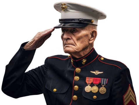 An elderly veteran of the United States Marine Corps in full dress uniform salutes. Isolated on transparent background