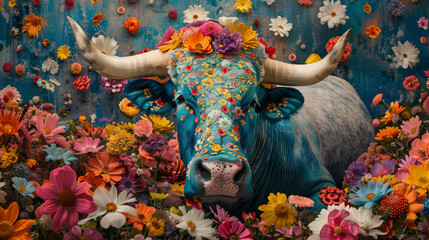Obraz premium Bull Adorned: Colorful Flower Cover