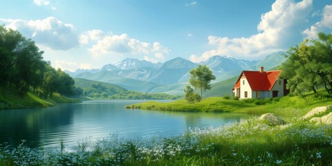 Fototapeta premium tranquil countryside lake with picturesque cottages and rolling hills, perfect for nature and travel photography