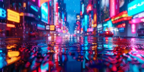 Obraz premium premium 3D advertisement showcasing a vibrant nighttime cityscape with colorful neon lights and rain reflections, perfect for urban photography