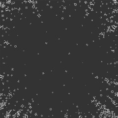 Flying latin letters. White chalk  scattered