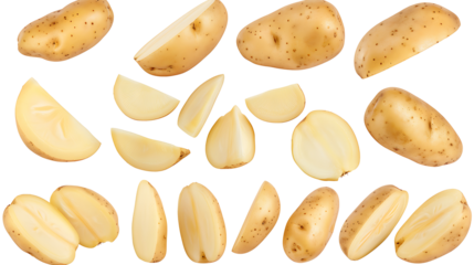 Potato potatoes vegetable, many angles and view side top front cluster group slice cut isolated on withe background cutout, PNG file