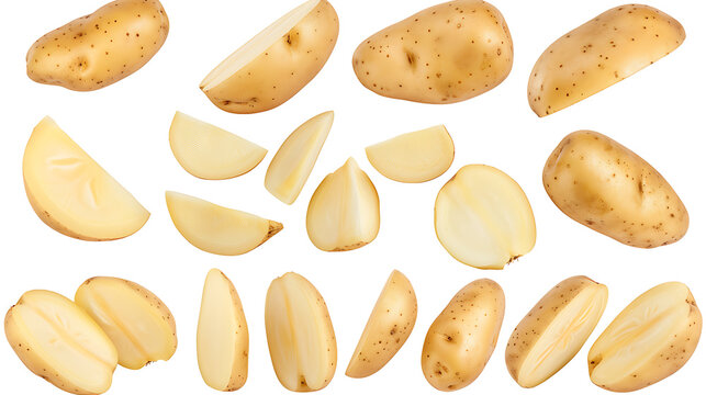 Potato potatoes vegetable, many angles and view side top front cluster group slice cut isolated on withe background cutout, PNG file