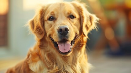 Cute golden retriever dog outdoors on sunny day, closeup