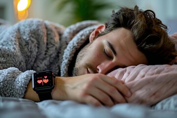 close-up shot of a man peacefully sleeping with a smartwatch on his wrist displaying his heartbeat rate.