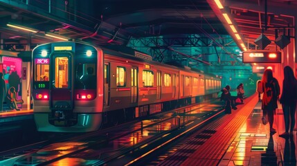 Obraz premium Illuminated Metro Train Arriving at Night - Vibrant City Platform Scene