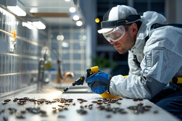 An exterminator in workwear spraying pesticide with a sprayer in a home kitchen to rid the area of pests such as cockroaches and termites.