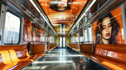 Immersive Metro Train Interior with Branded Advertising Wraps Showcasing Company Campaign Design