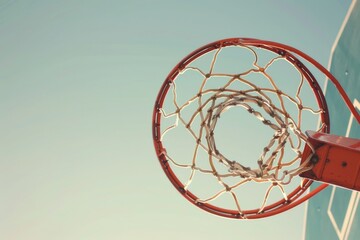 A red basketball hoop hangs against a clear blue sky, waiting for a shot. The net is taut and ready to catch the ball