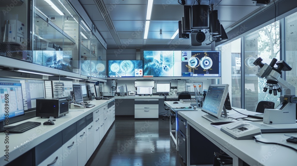 Poster modern university science lab with surveillance cameras ensuring security of research and experiment