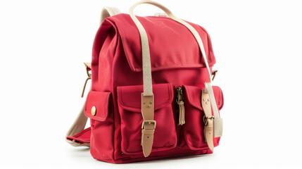 "Closeup of a red backpack with beige handles and pockets rotating on a white background."