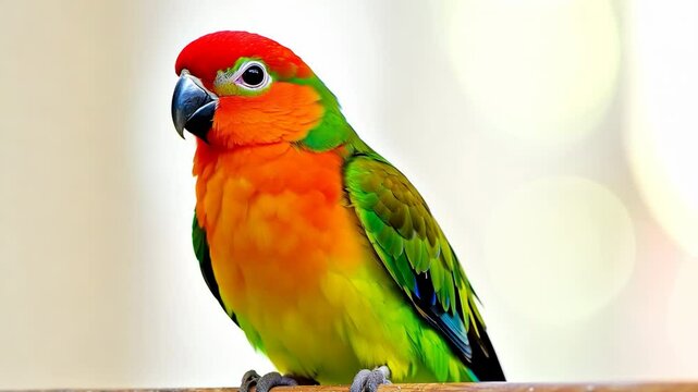 Colorful parrot with bright orange feathers and vivid blue tips perched, looking at the camera with a soft-focus background.