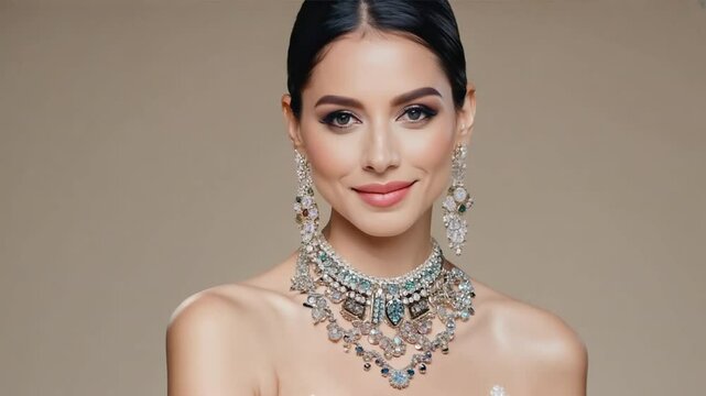 An Asian model adorned with exquisite jewelry, standing confidently against a neutral backdrop.