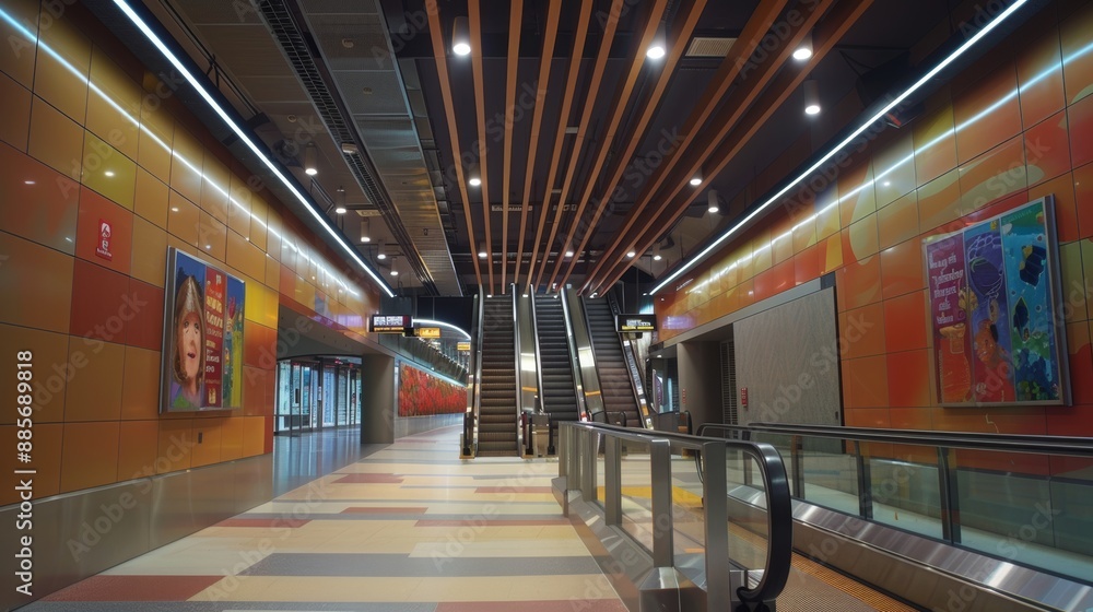 Poster family-friendly metro station with colorful signage and low handrails for easy navigation