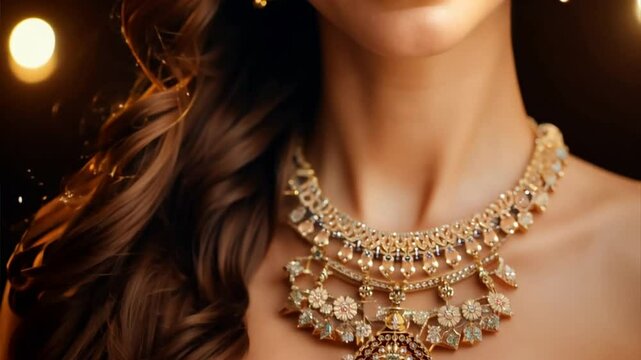 A model wearing stunning jewelry, with side lighting casting gentle highlights and shadows on the pieces.