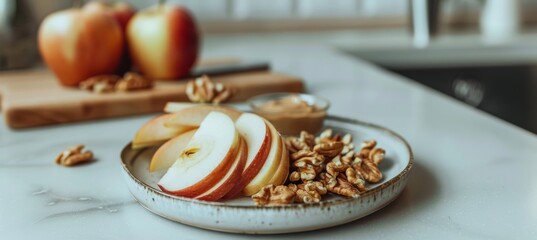 Healthy Snack Plate with Apple Slices, Almond Butter, and Walnuts on Modern Kitchen Counter