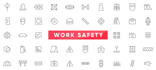 Work safety line icon set. Construction, hazard, protection, health, goggles, earphones, respirator outline icon collection. UI thin outline icon set.