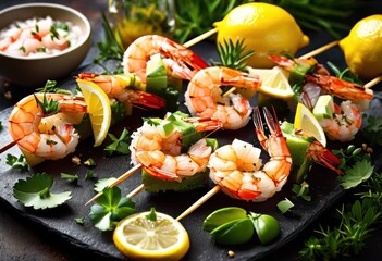 juicy grilled shrimp skewers glistening fresh lemon culinary delight, appetizing, barbecue, barbecued, charbroiled, cuisine, delicious, delightful, dish