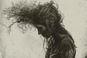 Fototapeta premium A woman with tangled branches for hair gazes downward, her face obscured by shadows