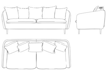 Sofa Line Vector Illustration. Different Views of Modern Sofa, Ideal for Furniture Design and Interior Concepts with Front, Side, and Top Views