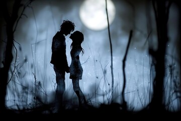 A couple stands silhouetted against the backdrop of a moonlit forest, their love a beacon in the darkness
