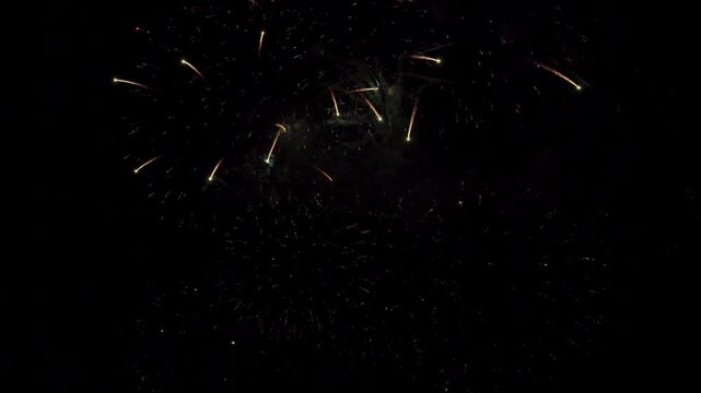 Colorful real fireworks show performance display celebration festival holiday on dark sky for abstract background, anniversary, celebration, 4th July, Independence Day, and new year.