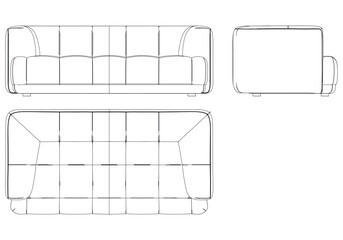 Sofa Line Vector Illustration. Different Views of Modern Sofa, Ideal for Furniture Design and Interior Concepts with Front, Side, and Top Views