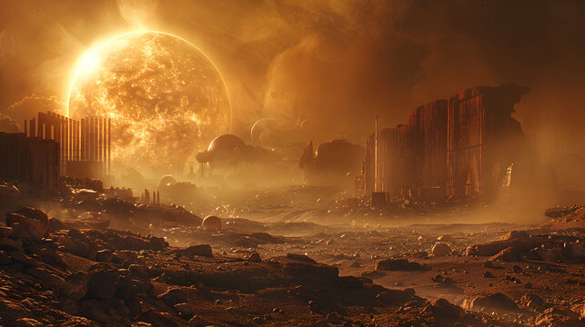  A dystopian solar planet with a dark, polluted sky and decaying infrastructure
