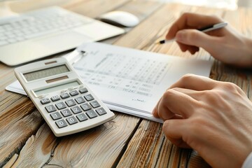 close-up photo of an accountant or financial advisor diligently calculating tax using a calculator and referring to a business invoice on a wooden desk.