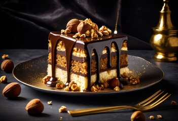 decadent hazelnut praline layer cake slice irresistible chocolate drizzle crunchy toppings, dessert, sweet, delicious, pastry, confection, treat, gourmet