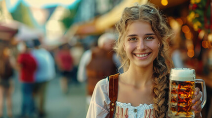 beautiful young woman in traditional German costume holds a mug of beer against the background of the Oktoberfest festival in Germany, Munich, Bavaria, drink, national, autumn, October, fair, alcohol