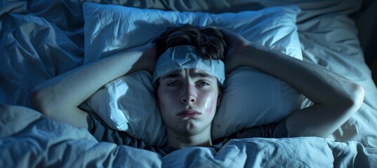 Man Resting in Bed with Cold Compress on Forehead in Dimly Lit Room - Comfort, Illness, Recovery