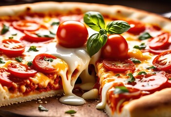 deliciously stretchy melted mozzarella cheese gooey irresistible visual feast, pizza, stringy, appetizing, savory, mouthwatering, delectable, scrumptious