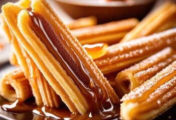 golden churros dripping sweet dulce leche sauce, fried, dough, crispy, caramel, sugar, snack, traditional, spanish, cuisine, pastry, creamy, sticky