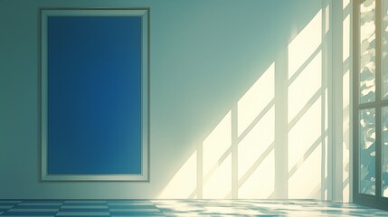 Obraz premium Sunlit empty room large blue framed panel checkered floor geometric patterns