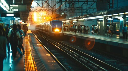 Obraz premium Dynamic Urban Commuting Scene with Metro Train Arrival at Bustling Station during Peak Hours