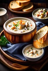 hot clam chowder served bread steam rising from comforting seafood soup, homemade, traditional, dish, american, cuisine, shellfish, creamy, flavorful, hearty