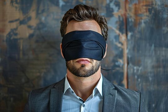 photo of a young businessman wearing a black blindfold, looking confused and disoriented.