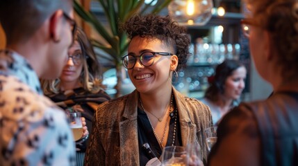Professional LGBTQ Networking Event with Attendees Mingling in a Modern, Elegant Venue