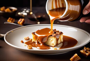 pouring caramel sauce bread pudding dessert, drizzling, sweet, treat, vanilla, custard, baked, dish, warm, indulgent, moist, decadent, sugary, topping