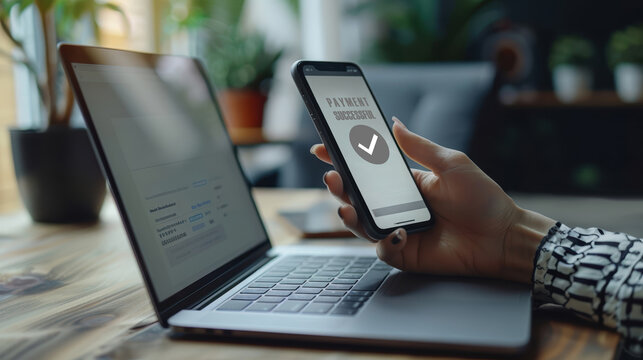 Payment successful text on mobile phone screen. E comerce, online shopping concept