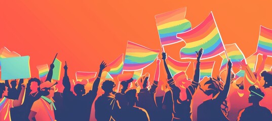 Obraz premium LGBTQ Rights Protest with Vibrant Rainbow Flags - Unity and Equality Concept for Posters
