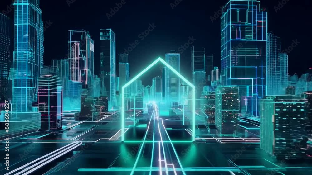 Poster neon microchip cityscape animation generative ai