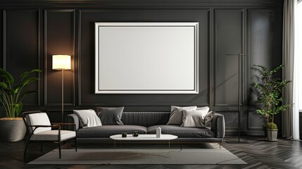 Blank horizontal poster frame mock up in minimal black style living room interior