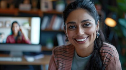 A smiling woman sits in front of a TV, possibly enjoying her favorite show or movie