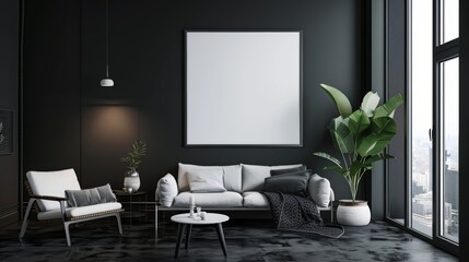 Blank horizontal poster frame mock up in minimal black style living room interior